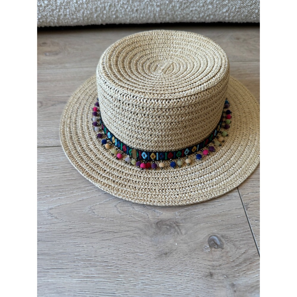 Boho Straw Boater Hat Woven Flat-Top w/ Aztec Band Pom-Pom Beaded Trim Natural